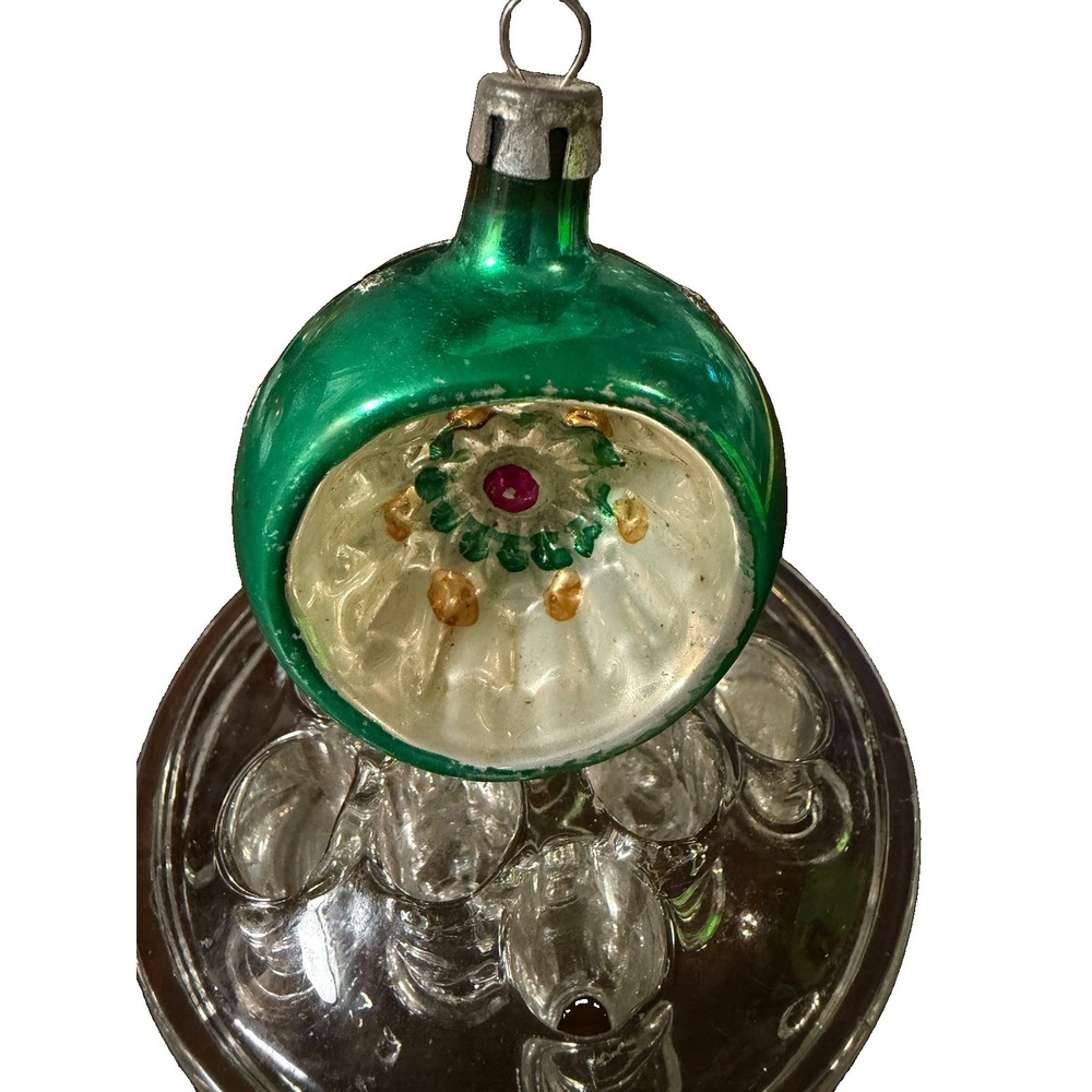 Vintage Japan Glass Indent Reflector Christmas Ornament Green Floral MCM 2"